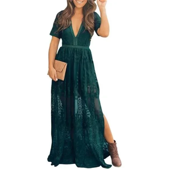 knee length dresses for ladies Women's Deep V-Neck Lace Romper Short Sleeve Long Dress – Ncocon